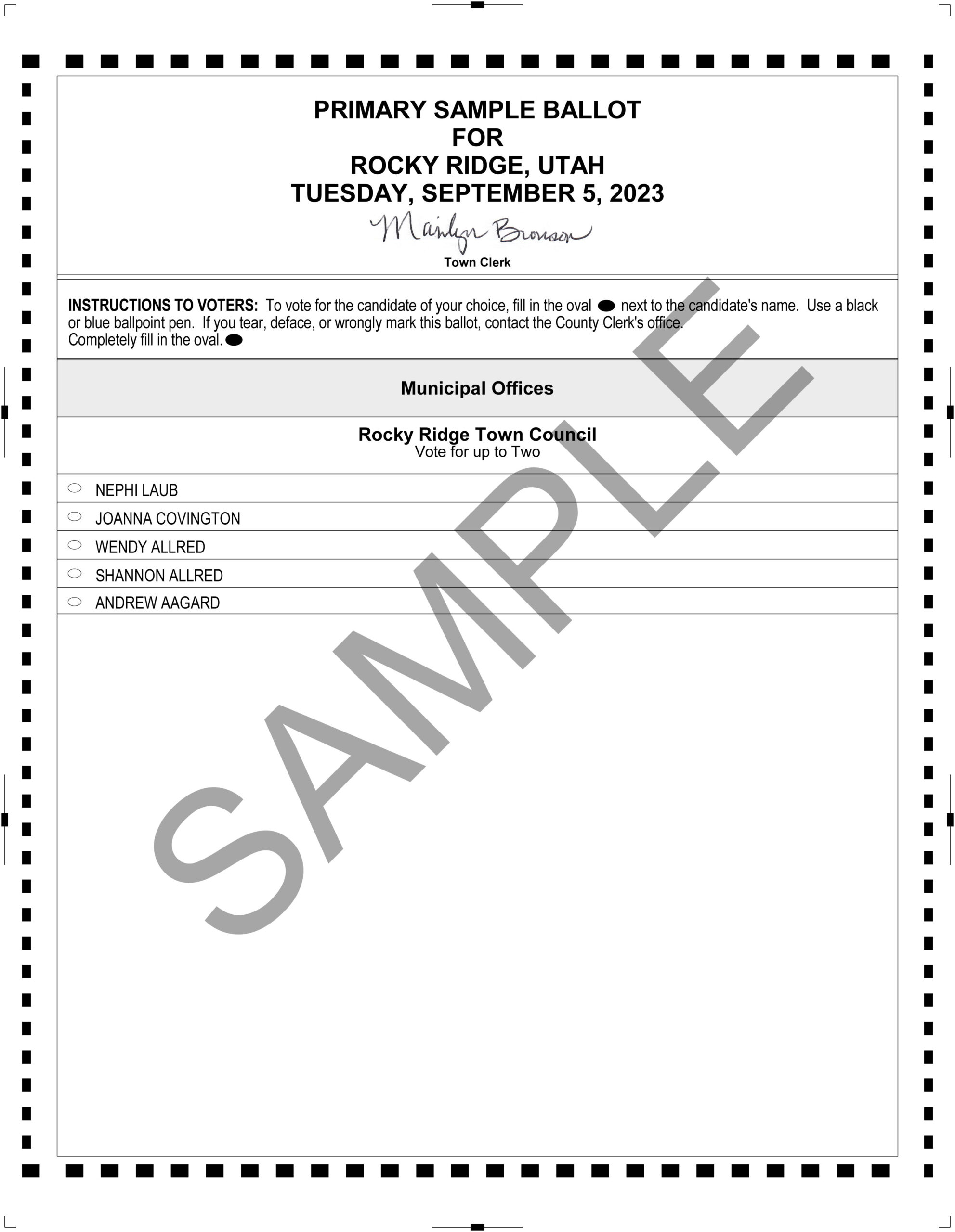 2023 Municipal Primary Election Sample Ballot JuabCounty.Gov